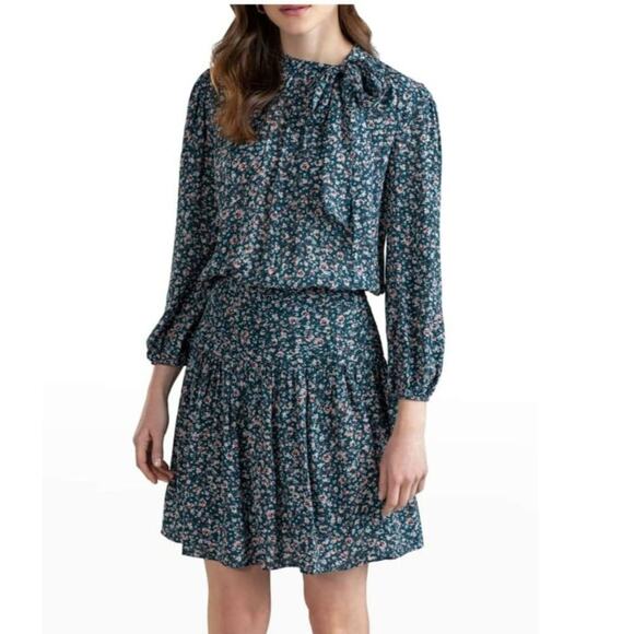 Shoshanna Colten Tie-Neck Blouson Dress in Pine/Blush, sz 12 - Picture 2 of 16